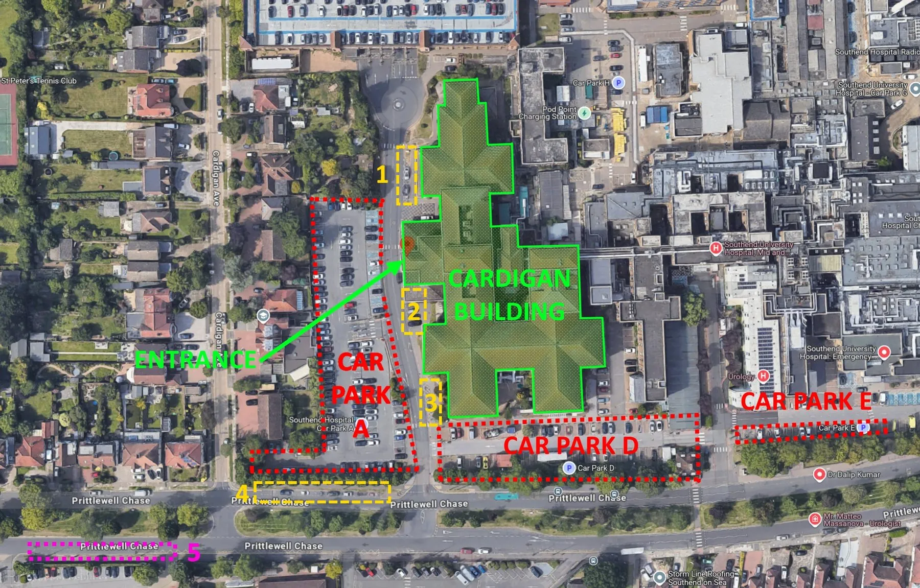 Map of Southend Hospital showing the Cardigan Building outlined in green, the entrance arrow and the nearby car parks